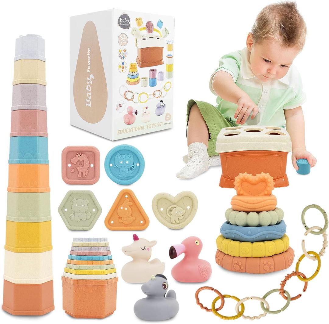Shape Sorter for Toddler 1-3, 5 in 1 Montessori Baby Toys for Infants 6-48 Months, Sorting & Stacking Toy for Fine Motor Skills, Sensory Learning Set with Rings Link, Birthday Gift