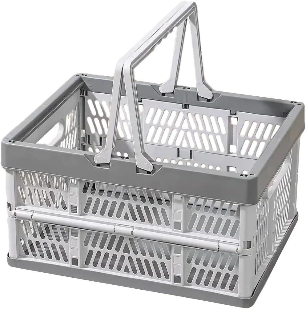 Collapsible Storage Crate with Handles, Milk Crates33L Foldable Plastic Shopping Basket, Organizer Container for Car Home Pinic (Light gray, Large)