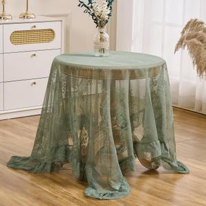 Lace Tablecloth with Ruffled Hem, Floral Embroidered Table Cover, Vintage Elegant Style (Green, 55x55, Square)