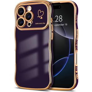 Hython for iPhone 16 Pro Case Wave Wavy Phone Cases with Love Heart, Luxury Plating Edge Cute Curly Shape Cover for Women Girls, Thin Slim Soft TPU Rubber Shockproof Protective Cover, Dark Purple