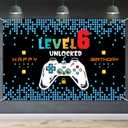 HAMIGAR 6x4ft Happy 6th Birthday Baner Backdrop - Level 6 Unlocked Birthday Decorations Party Supplies for Boys - Blue