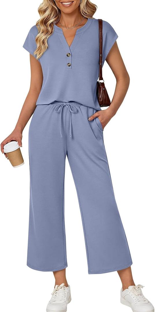 LILLUSORY Two Piece Lounge Sets for Women Spring Vacation Beach Travel Airport Outfits Casual Cruise Fashion 2026 (Blue, M)