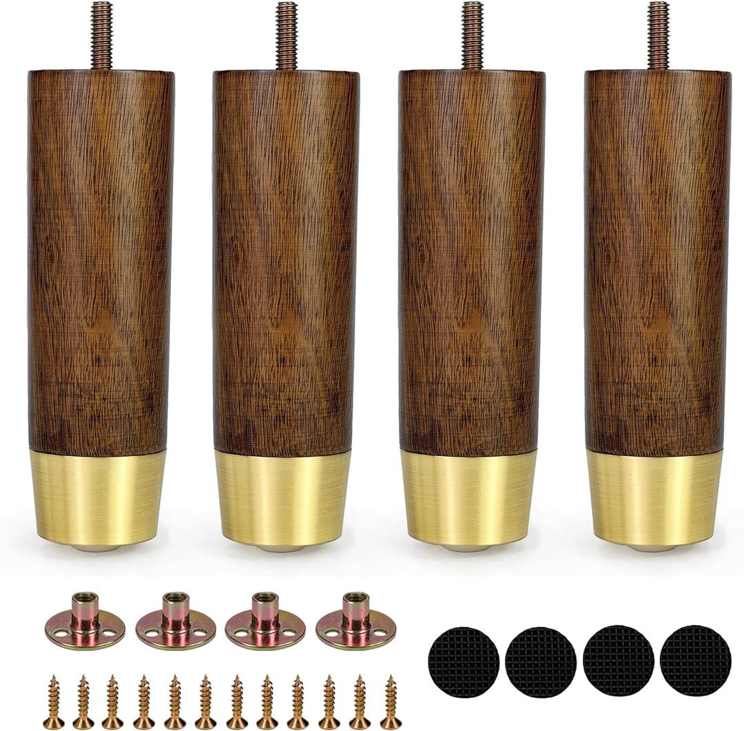 6 Inch Wooden Furniture Legs with Gold Cap Set of 4 Sofa Replacement Solid Wood Furniture Feet for Armchair Couch Cabinet Dresser Ottoman TV Stand Bed Legs (6inch)