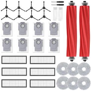 34 Pcs Qrevo S/ Qrevo Pro/ Qrevo Plus Replacement Accessories for Roborock Robot Vacuum, 2 Main Brush, 6 HEPA Filter, 8 Dust Bag, 8 Side Brushe, 6 Mop Cloth Pad, 4 Cleaning Tool