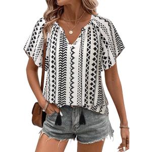 Unixseque Summer Tops for Women Casual Boho Blouses Short Sleeve V Neck Shirts Tie Front 2025 Trendy Beach Vacation Clothes (White)