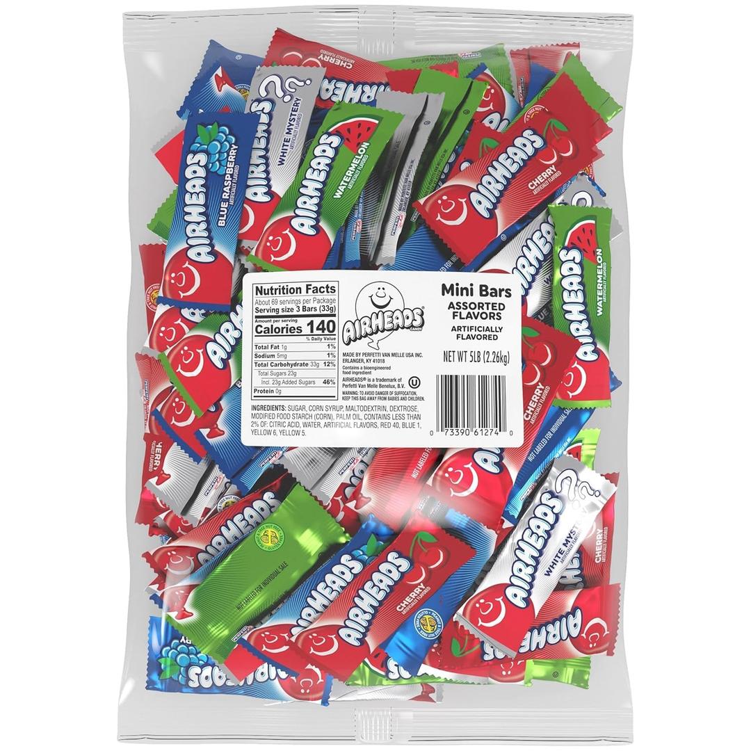 Airheads Mini Candy Bars, Taffy Variety Pack, Individually Wrapped Bulk Candy, Six Assorted Fruit Flavors Artificially Flavored, 5 Pound Bag (EXP 10/31/27)