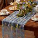Blue Floral Table Runner 10ft Embroidery Tulle Spring Wildflower Table Runner Seasonal Summer Butterfly Kitchen Dining Gauze Decoration for Wedding Baby Shower Birthday Party (1 Pcs)