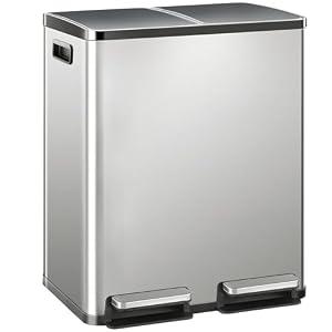 DUMOS Kitchen Trash Can, 2×8-Gallon Dual Trash Can with Lid, Stainless Steel Garbage Bin with 2 Removable Inner Buckets, Soft-Close Foot Pedal, Fingerprint-Resistant for Kitchen, Home, Office