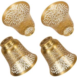 Ceiling Fan Replacement Globes, 4 Pack Chrysanthemum Pattern Fixture Replacement Globes Shades with 1-5/8" Fitter, ALUCSET 4.5" Height 4-3/4" Diameter, Metal Cover for Pendant Lamp-Yellow Brass&Gold