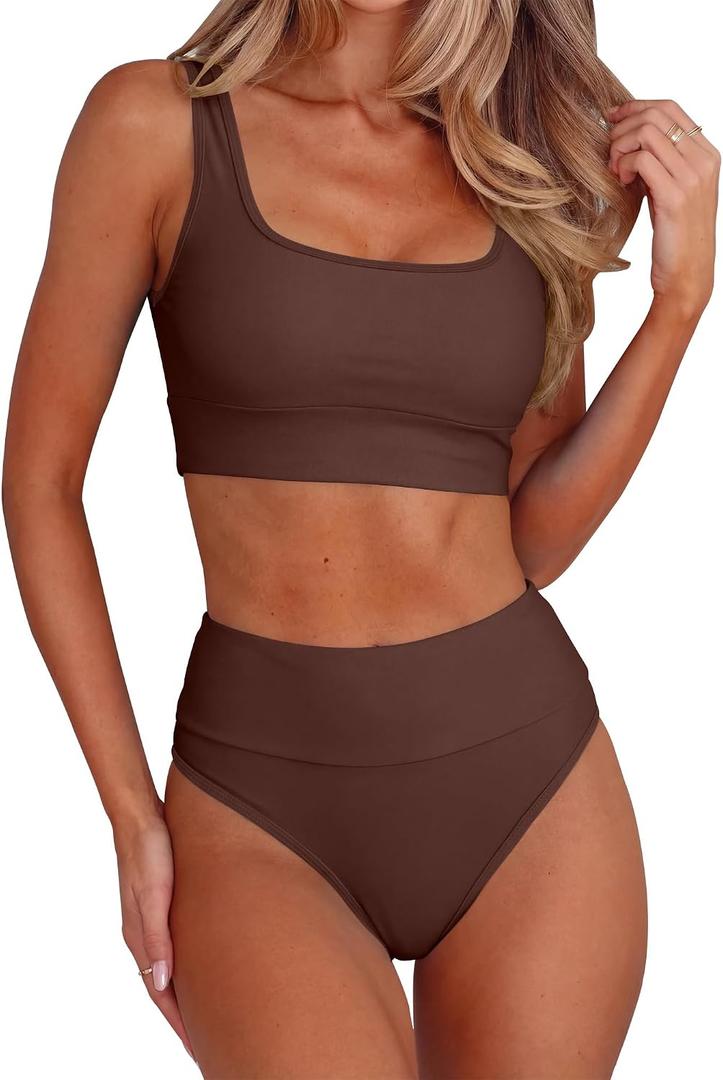 ANRABESS Women's High Waisted Bikini Sets Two Piece Tummy Control Swimsuits High Cut Summer Beach Vacation Bathing Suits (Brown, S)
