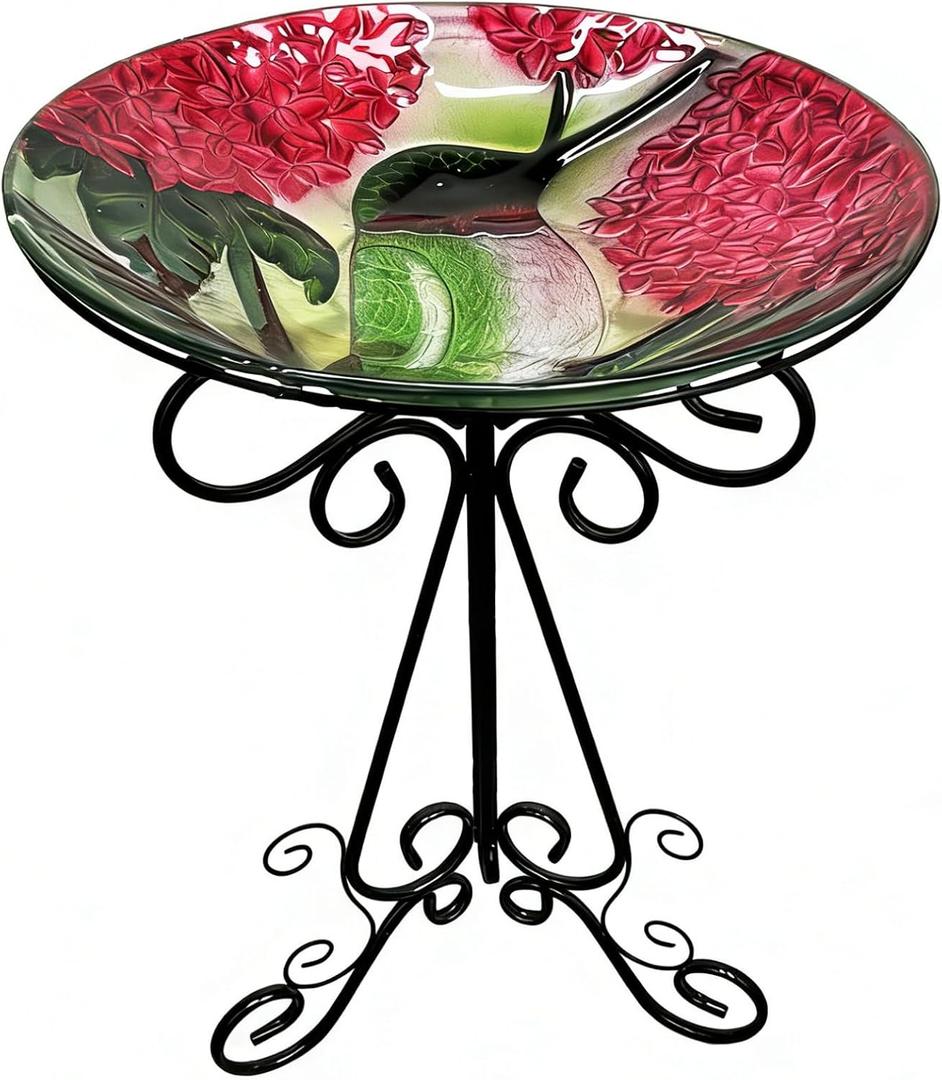 Large Glass Bird Bath with Metal Stand, Hummingbird