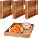4 PCS Acacia Wood Serving Tray with Handles - 10 Inch Square Wooden Tray with Handles, Ideal as Breakfast, Coffee Table, Decorative, Serving(1.75 Inch Thickness)