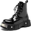Men's Lace Up Platform Motorcycle Boots Patent Leather Ankle Boots with Side Zipper Comfort Metal Round Toe Punk Outdoor Combat Boots (Black, M)