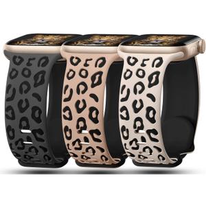 3 Pack Leopard Engraved Bands Compatible with Apple Watch Band 41mm 40mm 38mm 42mm 44mm 45mm 46mm 49mm Women, Soft Silicone Cheetah Embossed Sport Strap for iWatch Series 10 9 8 7 6 5 4 3 2 1 Ultra