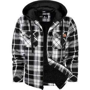 Men's Thick Fleece Plaid Jacket Flannel Shirts Sherpa Lined Full Zip Up Hoodie Winter Coat with Pockets (X-Large, Dark Black White)