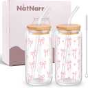 2 Pcs Cute Glass Cups with Lids and Straws, 16oz Coquette Pink Bow Iced Coffee Girly Preppy Design Tumbler Mug for Teen Girls Women Kids Bridesmaid Birthday Graduation Wedding Mothers Day Gifts