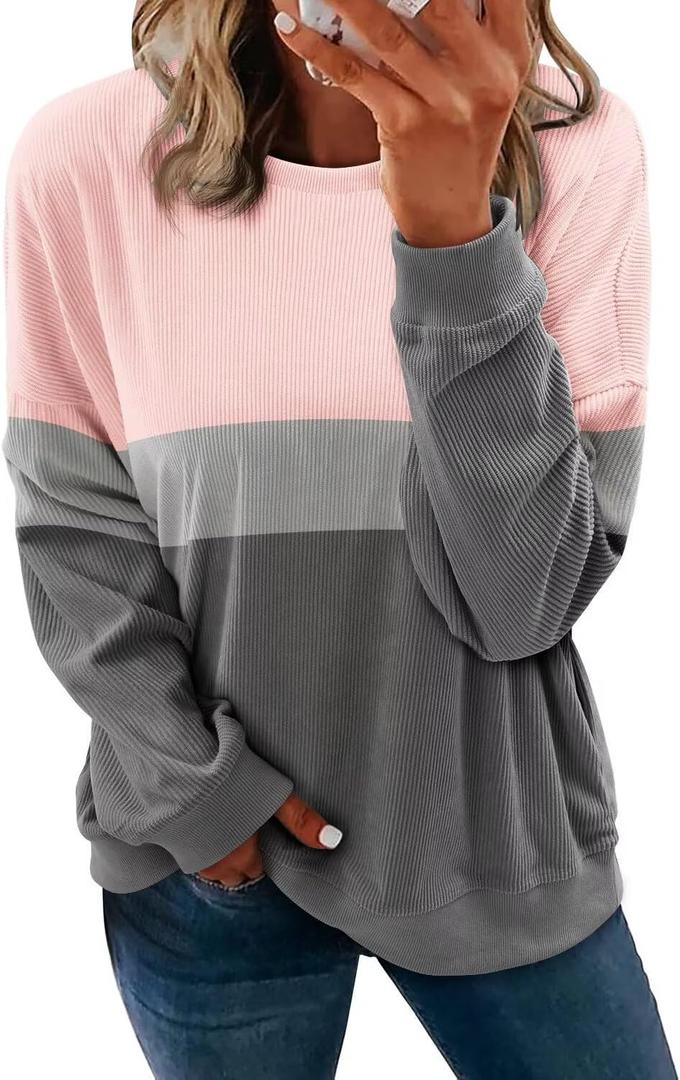 KISSMODA Womens Casual Long Sleeve Sweatshirts Color Block/Solid Tops Corduroy Crewneck Tunic Pullover with Pockets (Pink, M)
