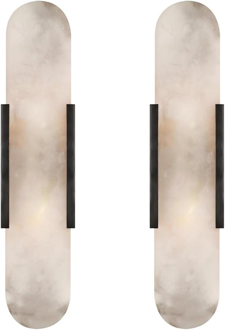 Black Modern Wall Sconces for Living Room, Alabaster Sconce Wall Light Fixtures Set of 2, Marble Sconce Lighting for Entryway Bathroom Bedroom