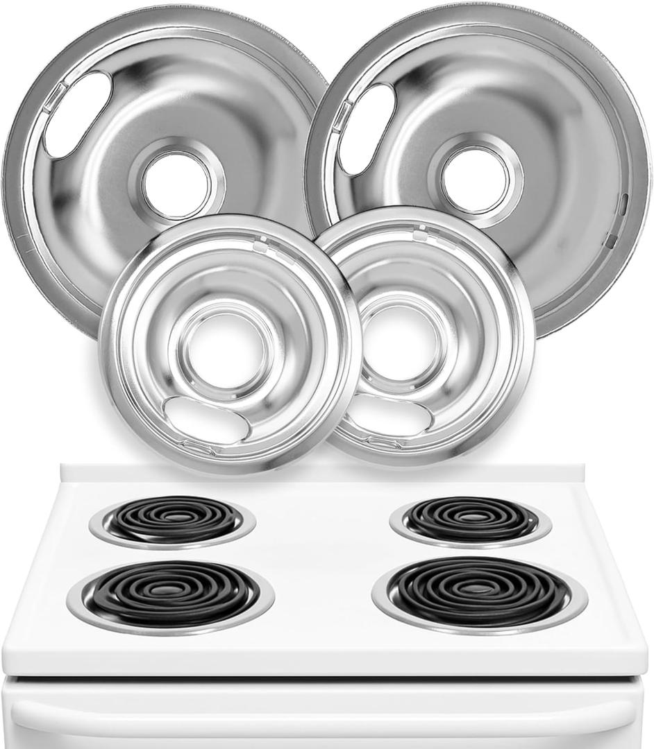 Electric Stove Drip Pans Set of 4 (2 x 6-Inch & 2 x 8-Inch) Stove Drip Pans for Electric Stove for Whirlpool, Maytag, KitchenAid & More - Compatible with W10196405 & W10196406 Stove Burner Drip Pan (Silver)