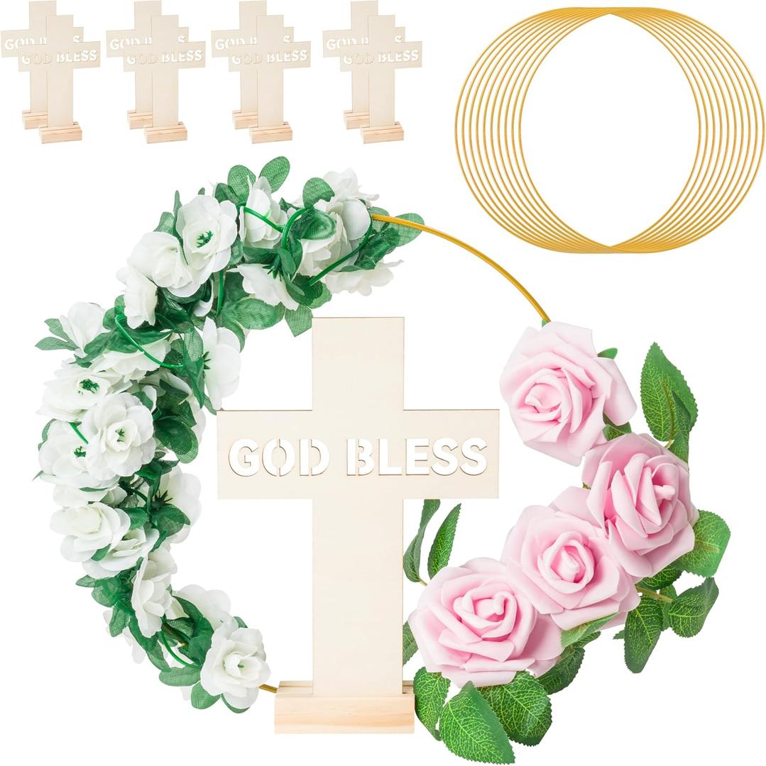 WATINC Gold Floral Hoop Metal Wreath with Standable Crosses and Fake Pink Roses, Standing Wooden Crosses Baptism Decoration for First Communion Baptism Craft Handmade Wedding Table Toppers Decor