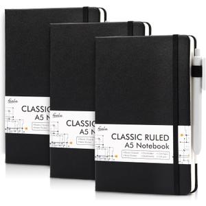 feela 3 Pack Notebooks Journals Bulk with 3 Black Pens, A5 Hardcover Notebook Classic Ruled Lined Journal Set with Pen Holder for Work Business Journaling Note Taking, 120 GSM, 5.1x8.3, Black