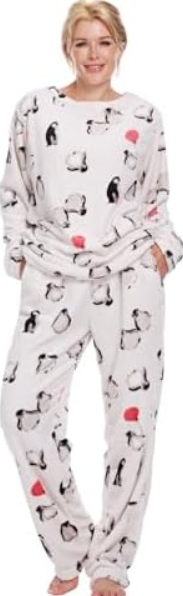 Istylish Fleece Women's Pajama Set Printed Pajama Sets 2 Piece Warm Cute Loungewear (White Penguin L)