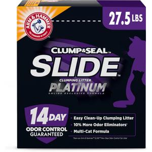 ARM & Hammer Clump & Seal Slide Platinum Multi-Cat Clumping Cat Litter, Easy Clean Technology with No Scrubbing, 14-Day Odor Control, 27.5 lbs