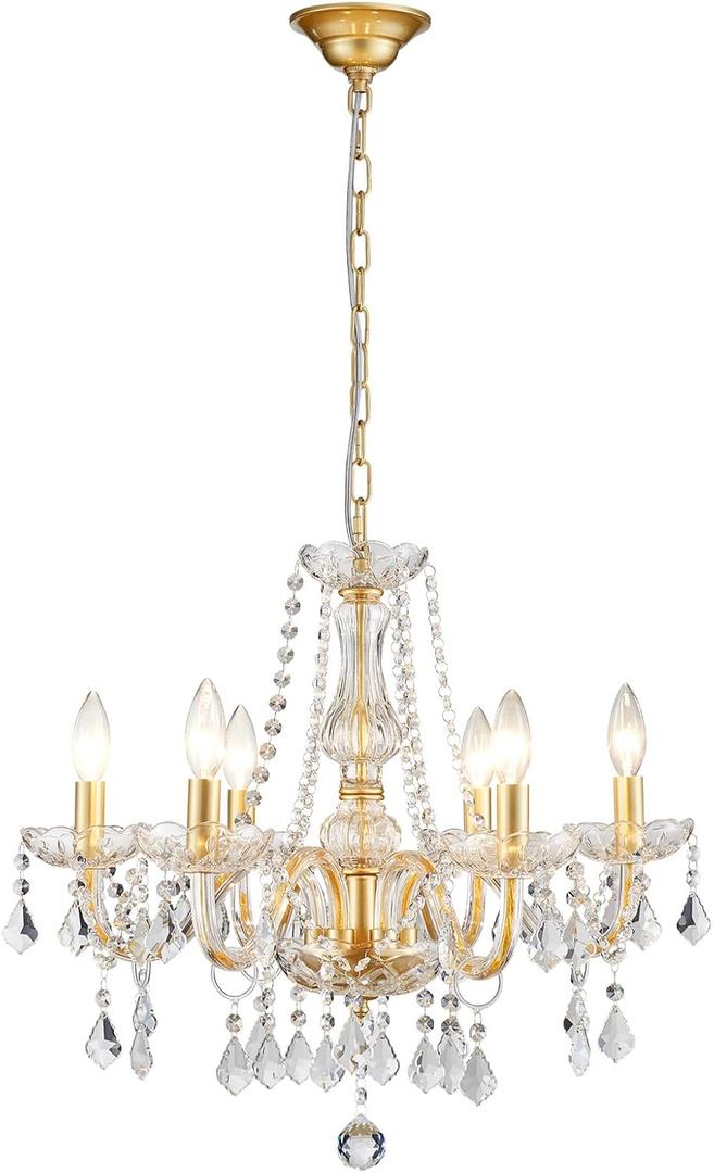 Crystal Chandelier Light Fixture, Modern K9 Crystal Chandeliers for Dining Room, 6-Lights Gold Ceiling Light, Adjustable Hanging Pendant Light Fixture for Living Room Entryway Kitchen Island Hallway