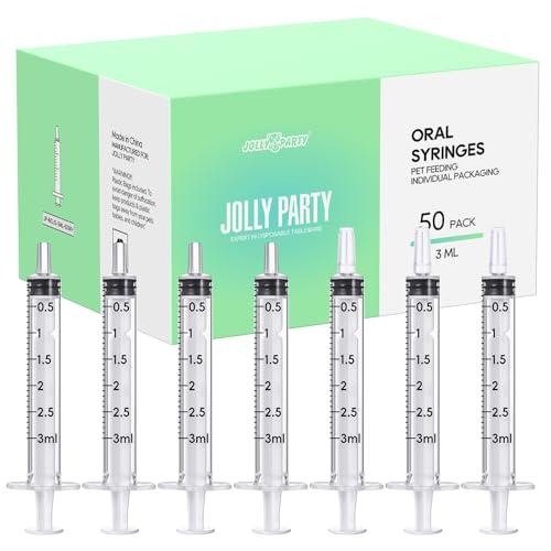 JOLLY PARTY 50 Pack 3ml Syringes with Caps, 3cc Syringe Needleless, Small Oral Syringe with Tip Cap Individually Wrapped for Scientific Labs, Liquid Measuring, Pet Feeding, Oil & Glue Dispenser
