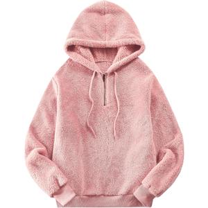 Veusna Women Casual Double Fuzzy Sweatshirt Faux Fleece Zip Pullover Hoodies Coat Outwear Pink X-Large