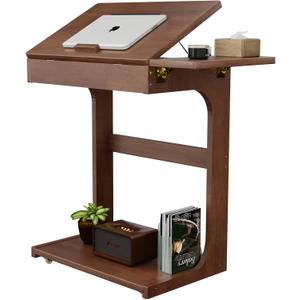 C-Shaped End Table, Solid Wood Rolling Side Table with Lockable Wheels, Couch Tables with Adjustable Desktop &Multi-functional Folding Tray, Small Side Table for Couch, Living Room, Bedroom Tall 30" (Walnut)