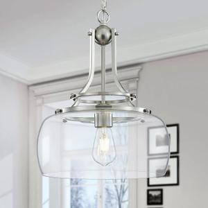 WUZUPS Chandelier Rustic Farmhouse Industrial Round Ceiling Pendant LED Light Fixture with Clear Glass Shades for Dining Room Kitchen Island Foyer Entryway, H 17" x W 13.4", E26 Base, Brushed Nickel