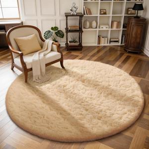 Ophanie Round Rug 4Ft Beige Circle Area Rug, Fluffy Fuzzy Small Bedroom Carpet, Plush Soft Shaggy Floor Living Room Circular Christmas Decor for Kids Boys Girls Home Aesthetic, Nursery, Classroom