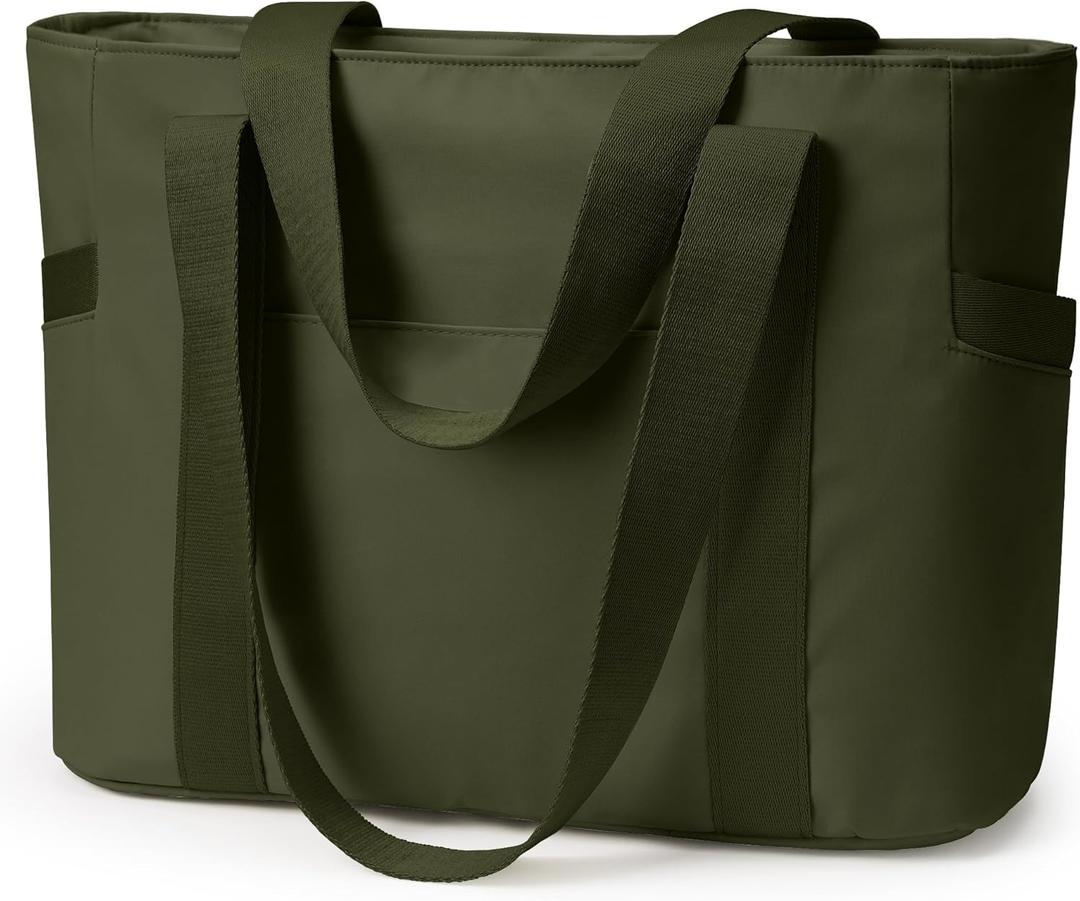 WLLWOO Large Tote Bag, Zipper Shoulder Bag for Women Trolley Sleeve 15.6 Laptop Travel Work Daily Nurse Gym (Army Green)