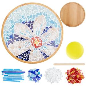 WEBEEDY DIY Mosaic Craft Kit - Flower Mosaic Bamboo Coasters for Adults, Blue Style Glass Tiles, 6.1