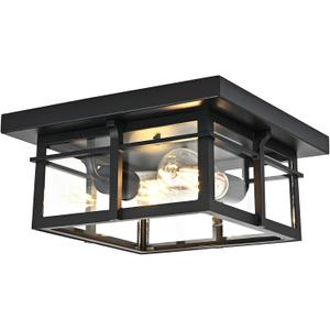 Farmhouse Ceiling Light Fixture Black 2-Light with Clear Glass, Square Flush Mount Ceiling Light for Hallway Kitchen Bedroom Porch
