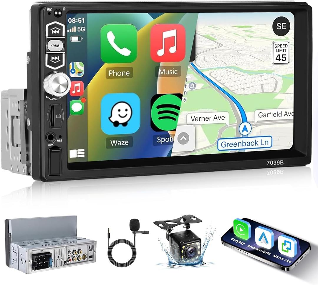 Single Din 7 Inch Radio with Carplay, Hodozzy Touch Screen Radio with Android Auto Bluetooth 5.1 Car Radio 1 Din Support Mirror Link FM USB TF AUX SWC Camera MP5 Player Car Audio Receiver Single Din