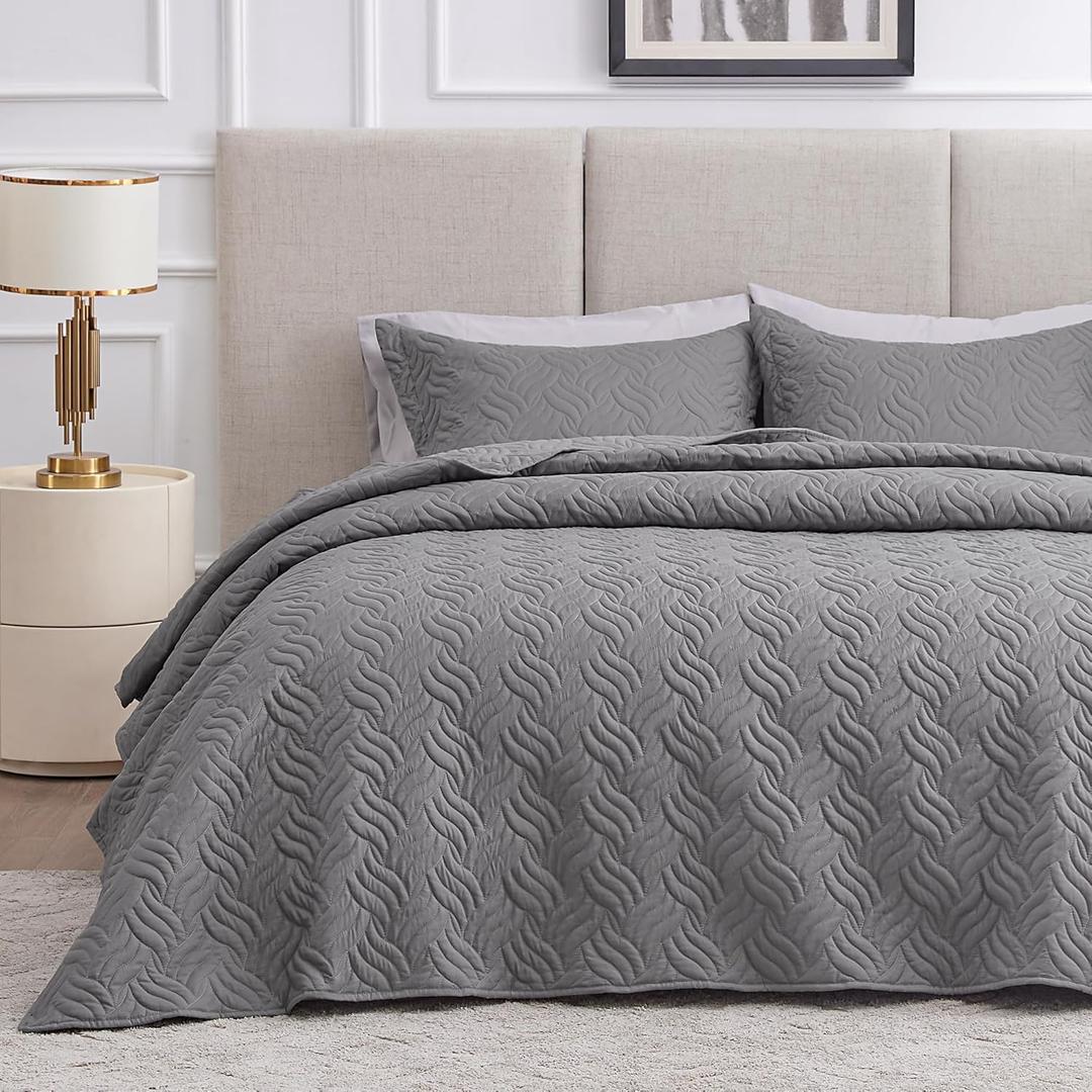 Love's cabin Twin Quilt Bedding Set Grey Bedspreads - Soft Bed Summer Lightweight Bedspread Comforter - Wave Pattern Bedding Coverlet for All Season - 2 Pieces (1 Quilt, 1 Pillow Sham) (Twin (68"x86"))