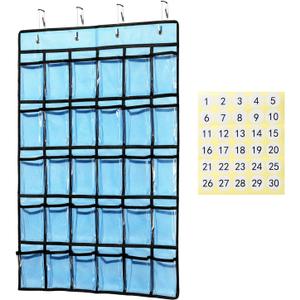 KEEPJOY Classroom Pocket Chart for Cellphone Calculator Holder, 30 Clear Pocket Charts for Classroom 33.5 x 24.5 inch Hanging cell phone Organizer Storage (Blue-30 pockets)