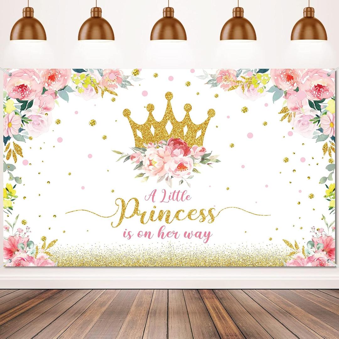 Tatuo Baby Shower Backdrop 6x3.6 ft Little Princess Baby Shower Party Decorations for Girls Pink Flower Party Banner Gold Crown Glitter Photography Background Cake Table Decor
