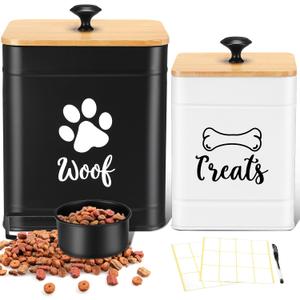 Jingmore Metal Dog Food Containers Set of 2 with Bamboo Lids and Spoon Airtight 7+3 lbs Dog Treat Snack Jars with DIY Labels Big Pet Cookie Storage Jar for Kitchen Counter(Classic)