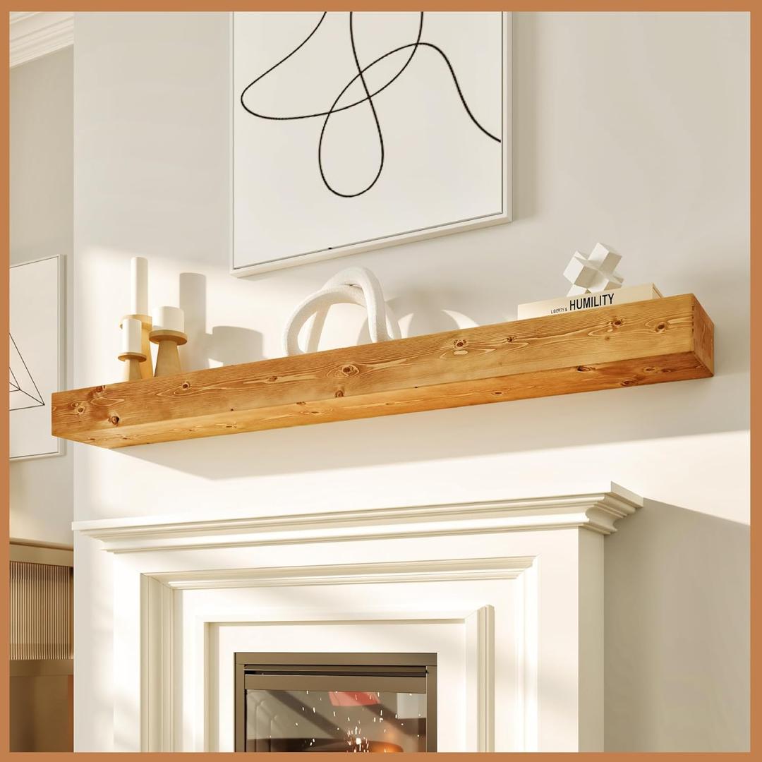 Avana Fireplace Mantle - Natural Wood - Mounted for Over Fireplace - Handcrafted - Rustic Natural, 60 X 8 X 3