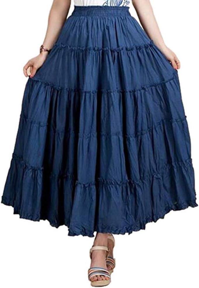Saukiee Women's Bohemian Elastic Waist Long Skirt Cotton Circle Ruffle Broomstick Peasant Maxi Tiered Skirts, M