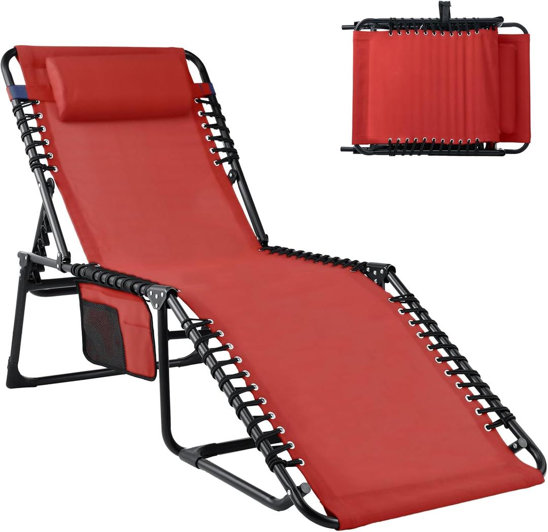 Folding Chaise Lounge Chair with 5-Level Adjustable Backrest, Patio Chaise Lounge Chair w/Head Pillow & Side Pocket for Camping, Pool, Beach and Patio(Red) (Red)