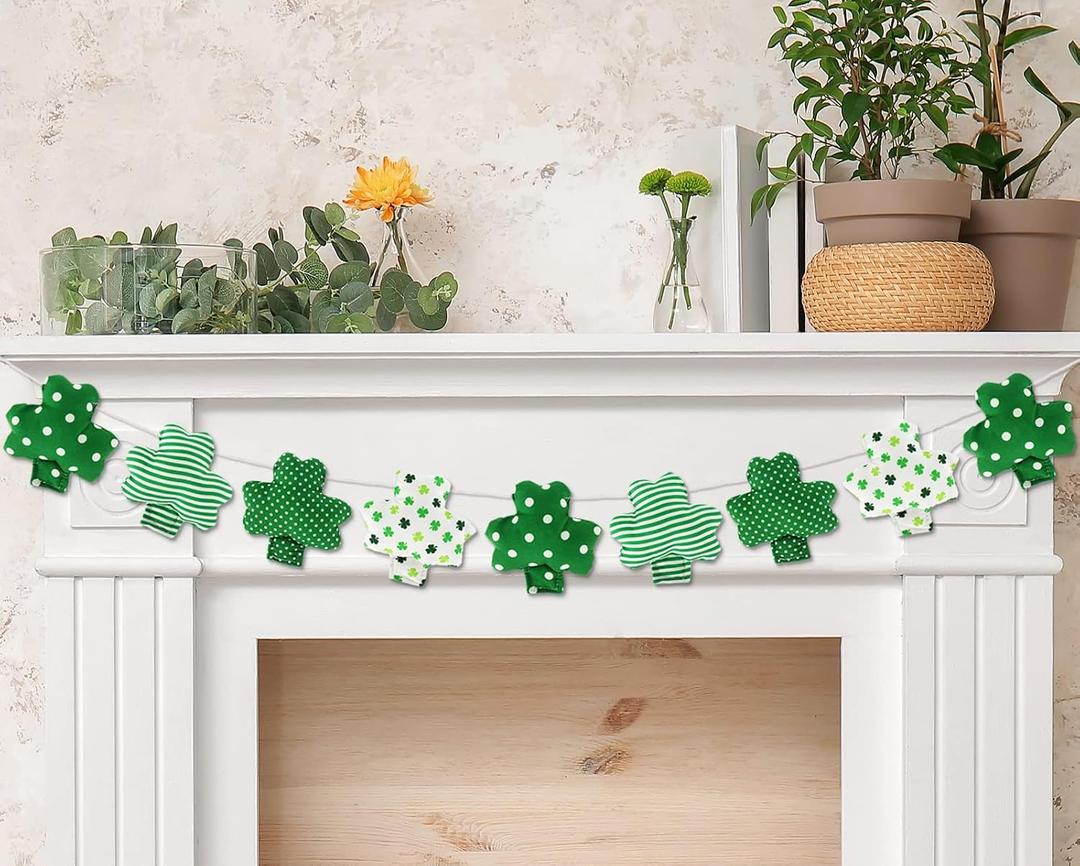 Whaline 3D St. Patrick's Day Banner Soft Cute Shamrock Garland Pre-Assembled Green White Clover Fabric Banner for Irish Holiday Hanging Decor Home Party Supplies