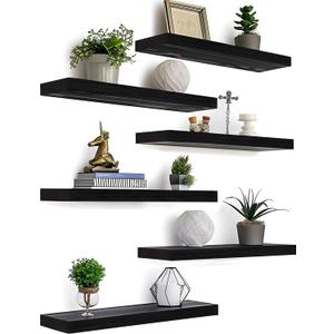 Black Wood Floating Shelves for Wall Rustic Wall Shelves for Bedroom Set of 6 (17 inch)