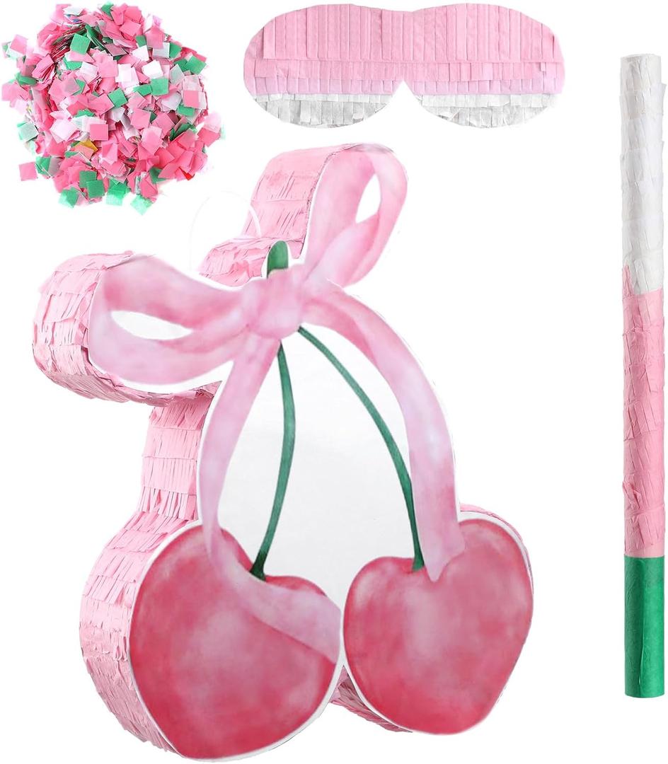 Pink Bow Piata with Stick Blindfold and Confetti, Cherry Theme Birthday Party Baby Shower Nursery Decorations Gifts