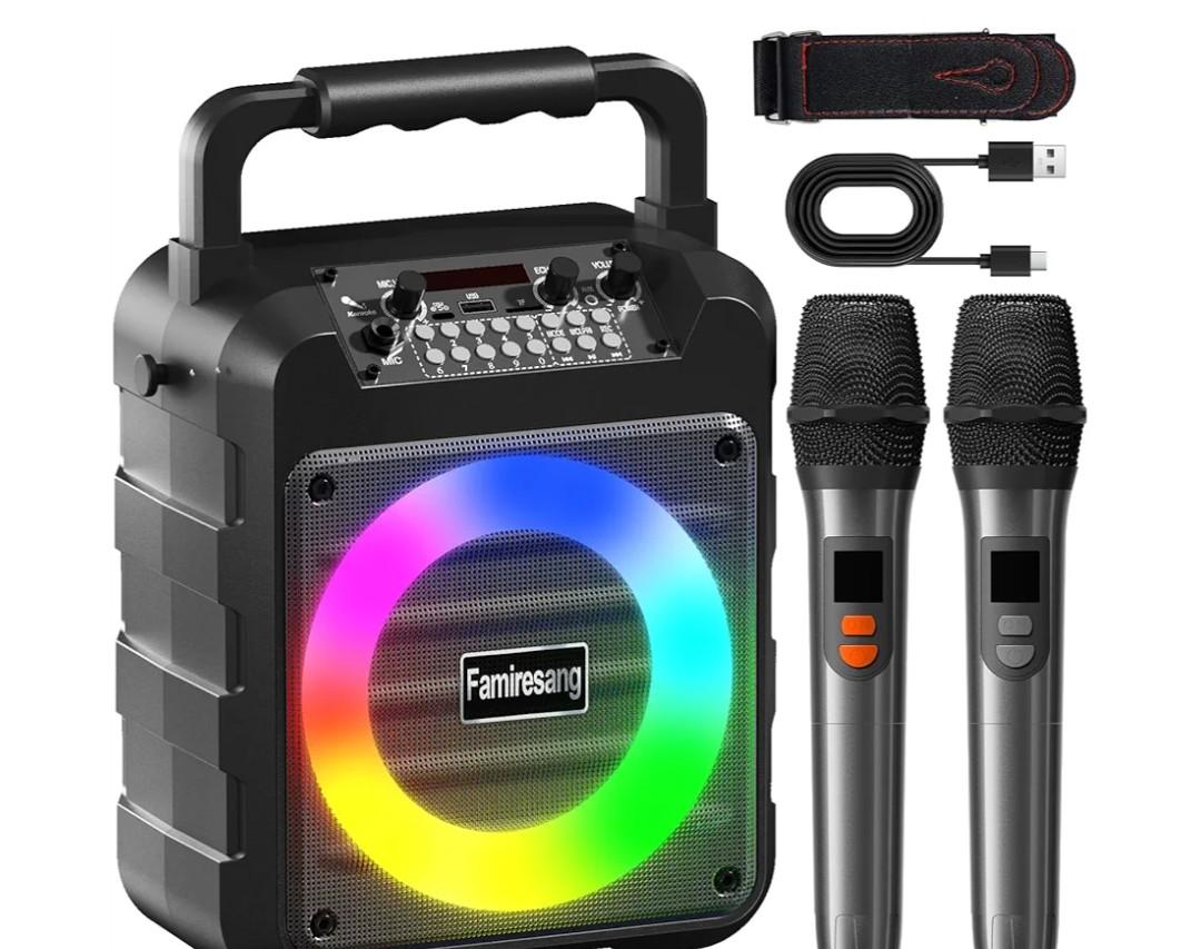 Karaoke Machine for Adults - Portable Bluetooth Karaoke Speaker with Two Wireless Microphones, PA System Speaker Supports TF Card/USB, AUX in, REC, Bass & Treble for Party/Meeting