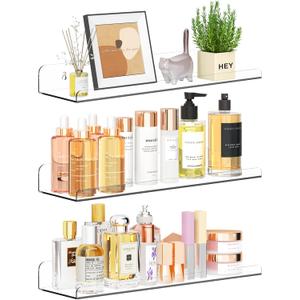 Qukaka Floating Shelves for Wall Decor, 15" Extra Clear Wall Shelves for Bedroom, Living Room, Kitchen, Bathroom Decor, Nail Polish/Book/Decoration/Makeup/Perfume Organizer Floating Shelf-3Pack
