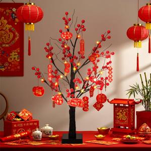 Ganeen Chinese New Year Decorations 2026 Lighted Lunar New Year Tree with 18 Pcs Hanging Chinese Ornaments & 24 LED Lights Red Berry Birches Money Tree Traditional Centerpiece for Table Home Decor